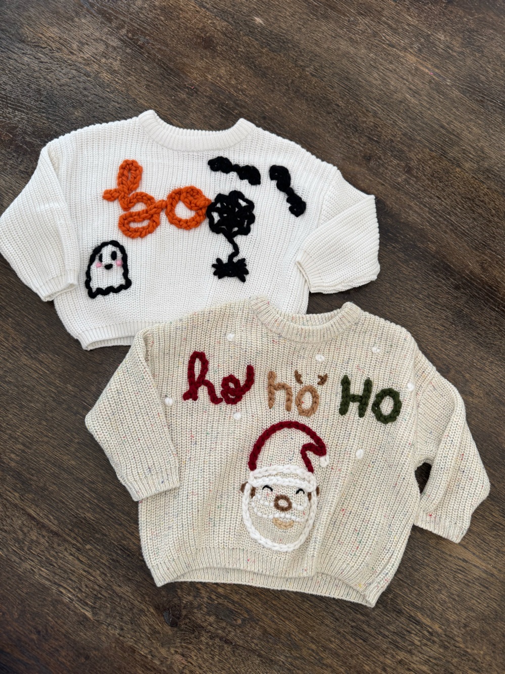 Holiday Custom Knit Sweaters Set - Cream & White with Festive Appliqués